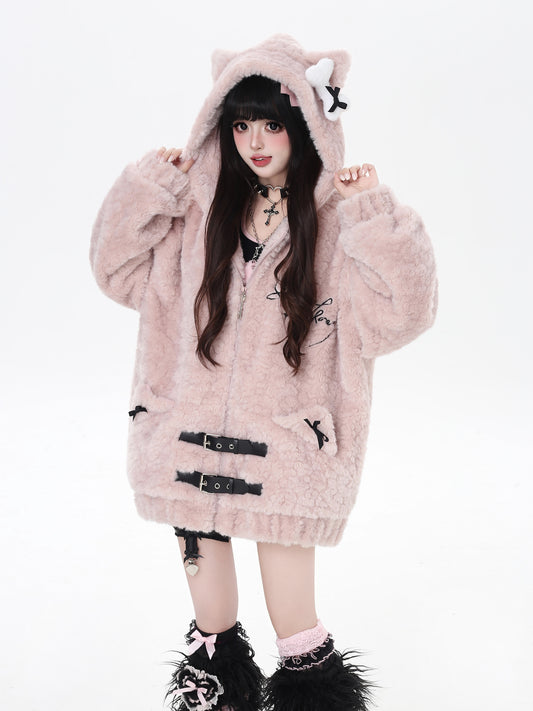 刺繍ねこ耳フード付き厚手ボアジャケット