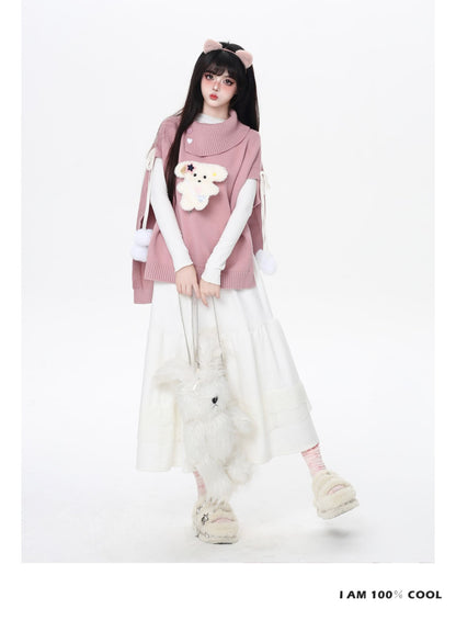 もこもこ犬モチーフニットポンチョ♡ゆるかわハイネックケープ冬