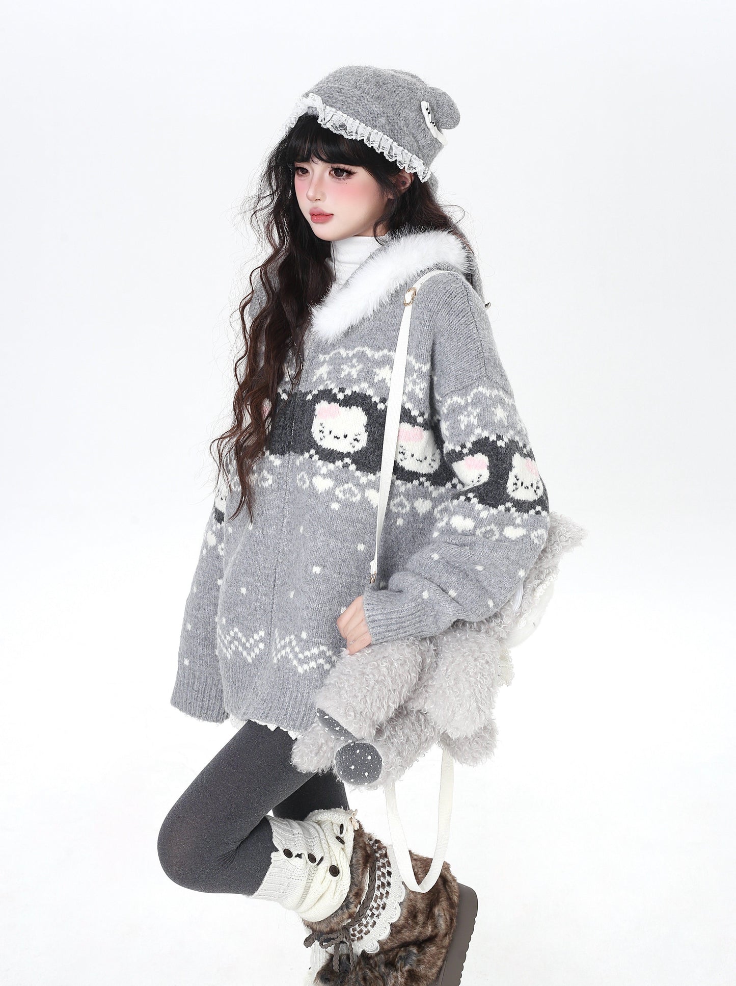 フェアアイル 猫モチーフ ニットフーディー