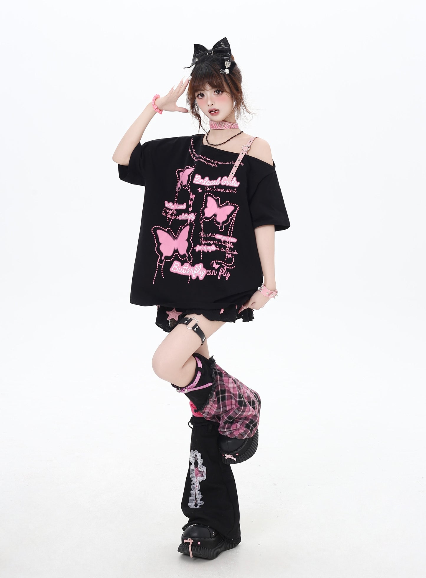 蝶々モチーフオフショルダーTシャツ