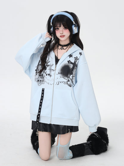 地雷系ダーク系初秋ジップパーカー ニッチギャル服