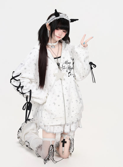 星柄プリントリボンスリーブフード付きトップス