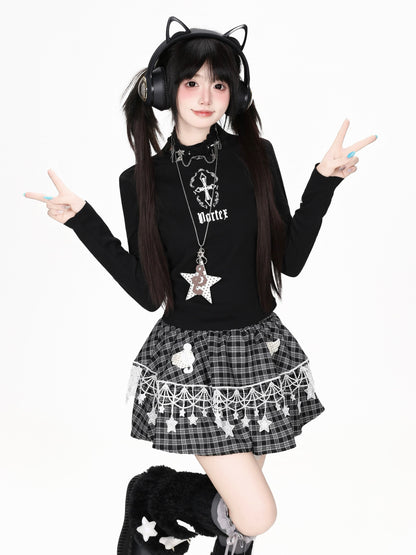 星モチーフレース付きチェック柄ティアードミニスカート