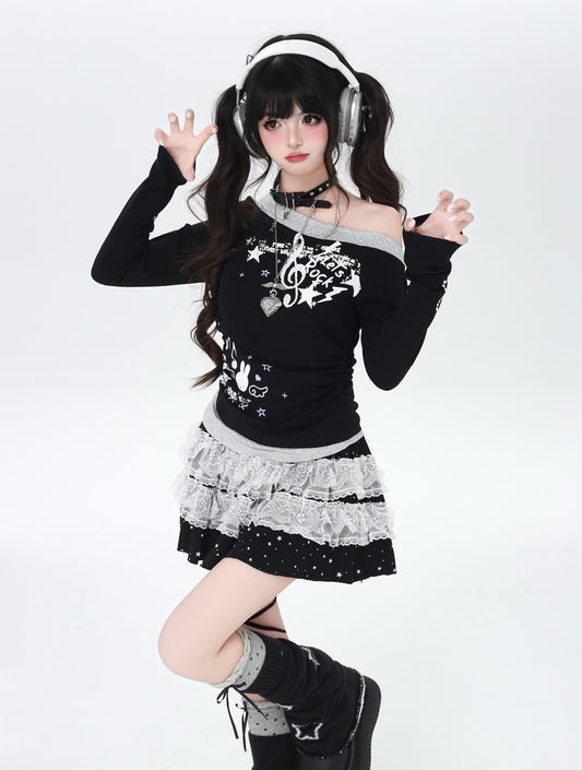 音符モチーフ フェイクレイヤード長袖Tシャツ