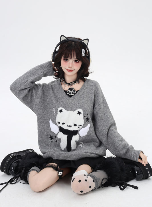 🐾キャット刺繍Vネックレイヤード風ニット｜甘辛ガーリー