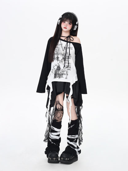 レトロY2K斜め肩ホルターネック配色ゆる細見えTシャツ秋