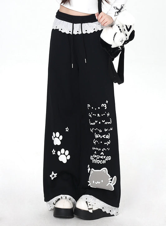 ねこイラスト レース付き ゆるストレートパンツ