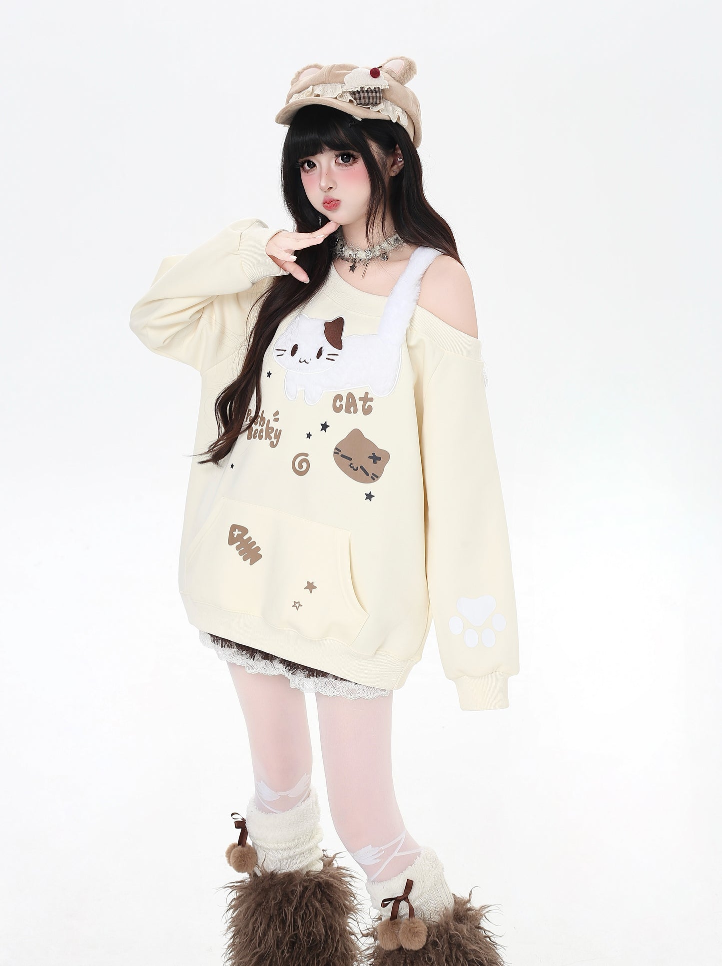 猫柄ふわもこオフショルスウェット