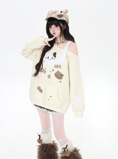 猫柄ふわもこオフショルスウェット