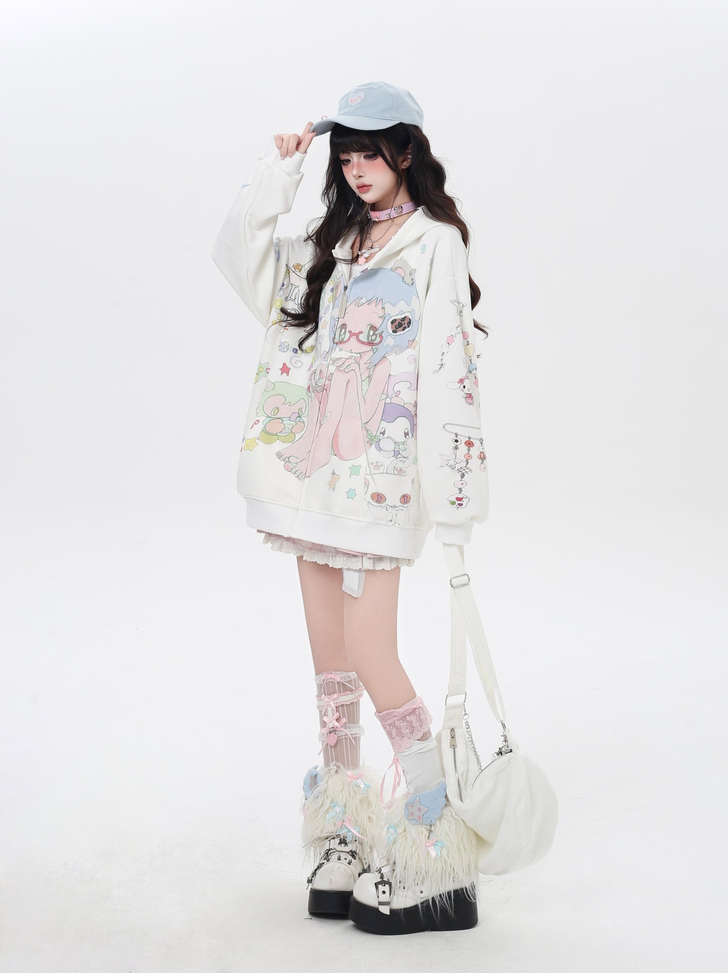 水色ガーリー 二次元アニメプリントゆるパーカー 可愛い系
