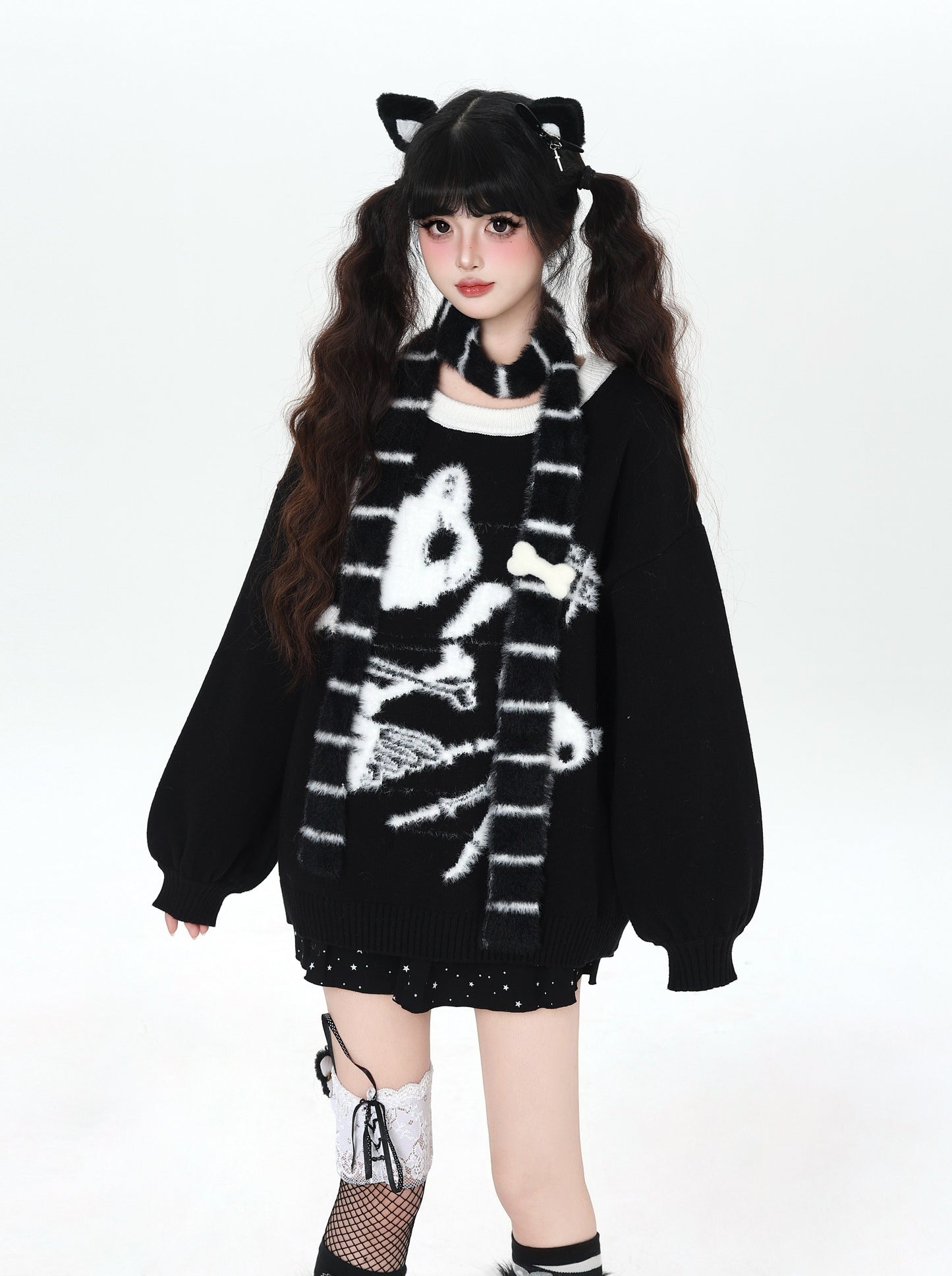 白黒ねこモチーフ ルーズニットプルオーバー｜秋冬ゆるサブカル
