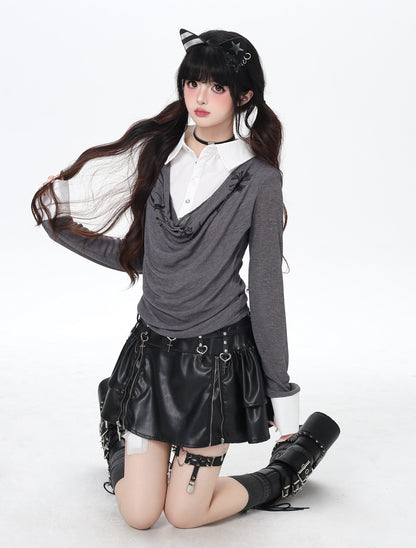 ポロ風レイヤードトップス｜韓国ガーリー・細見え