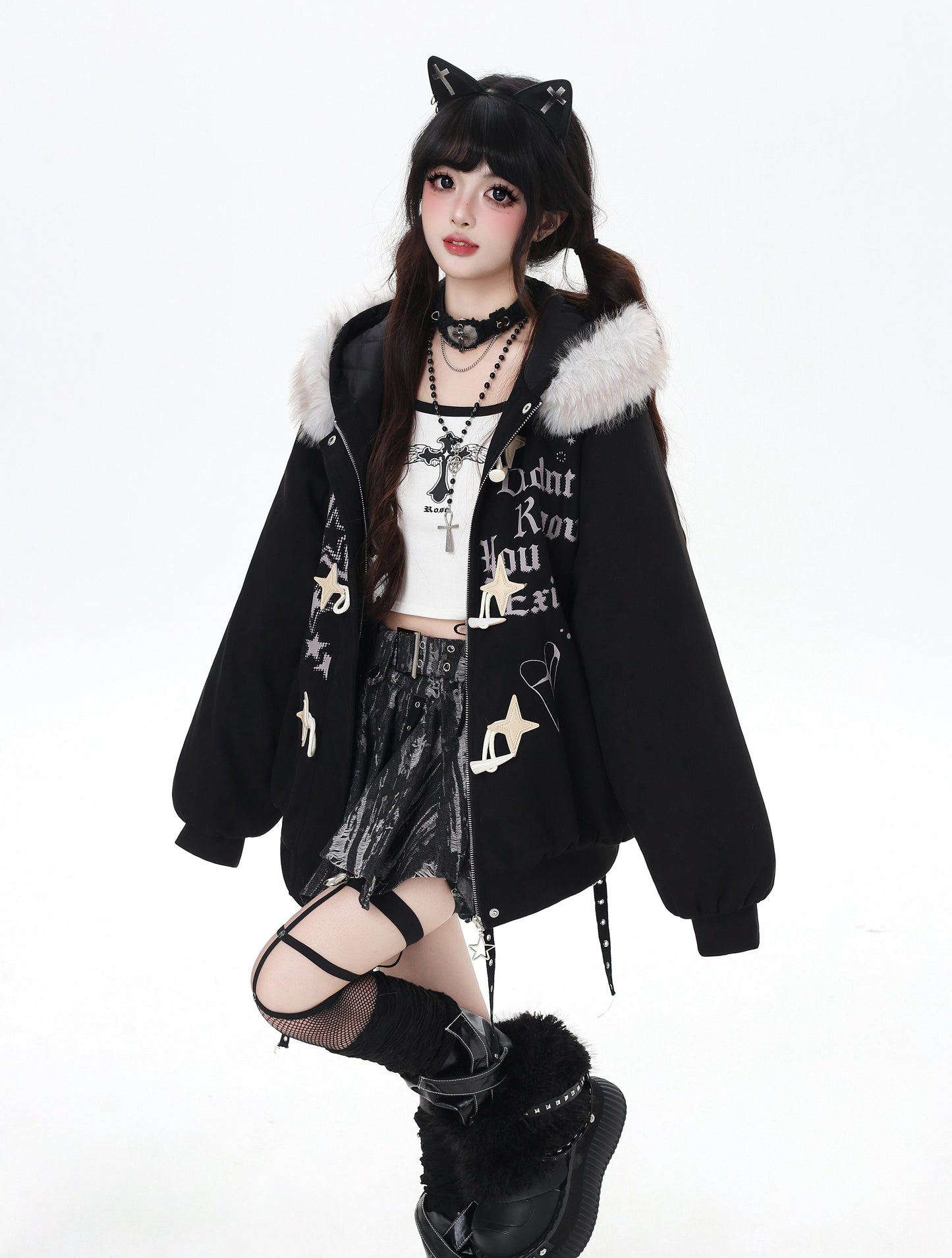 星柄レター×ボア襟取り外し可能 ゆるシルエット中綿ジャケット