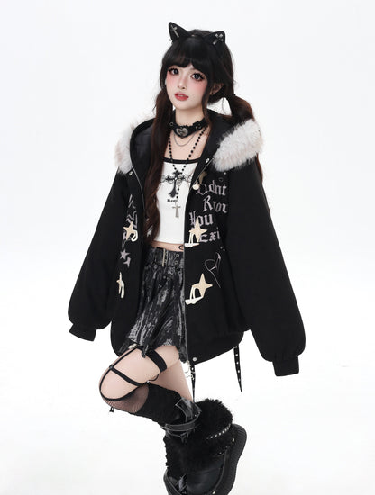 星柄レター×ボア襟取り外し可能 ゆるシルエット中綿ジャケット