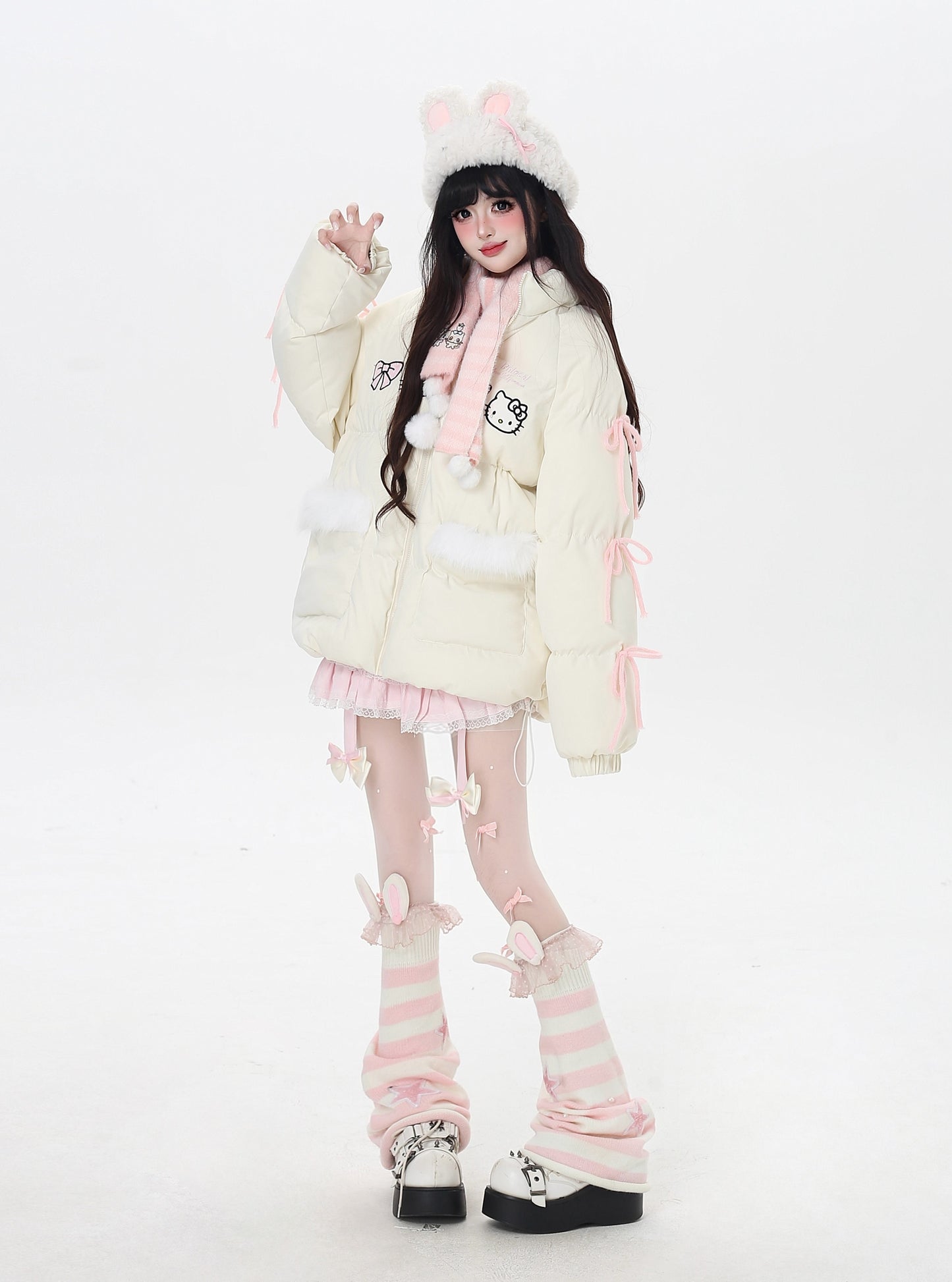 ねこモチーフリボン付き厚手コットンジャケット