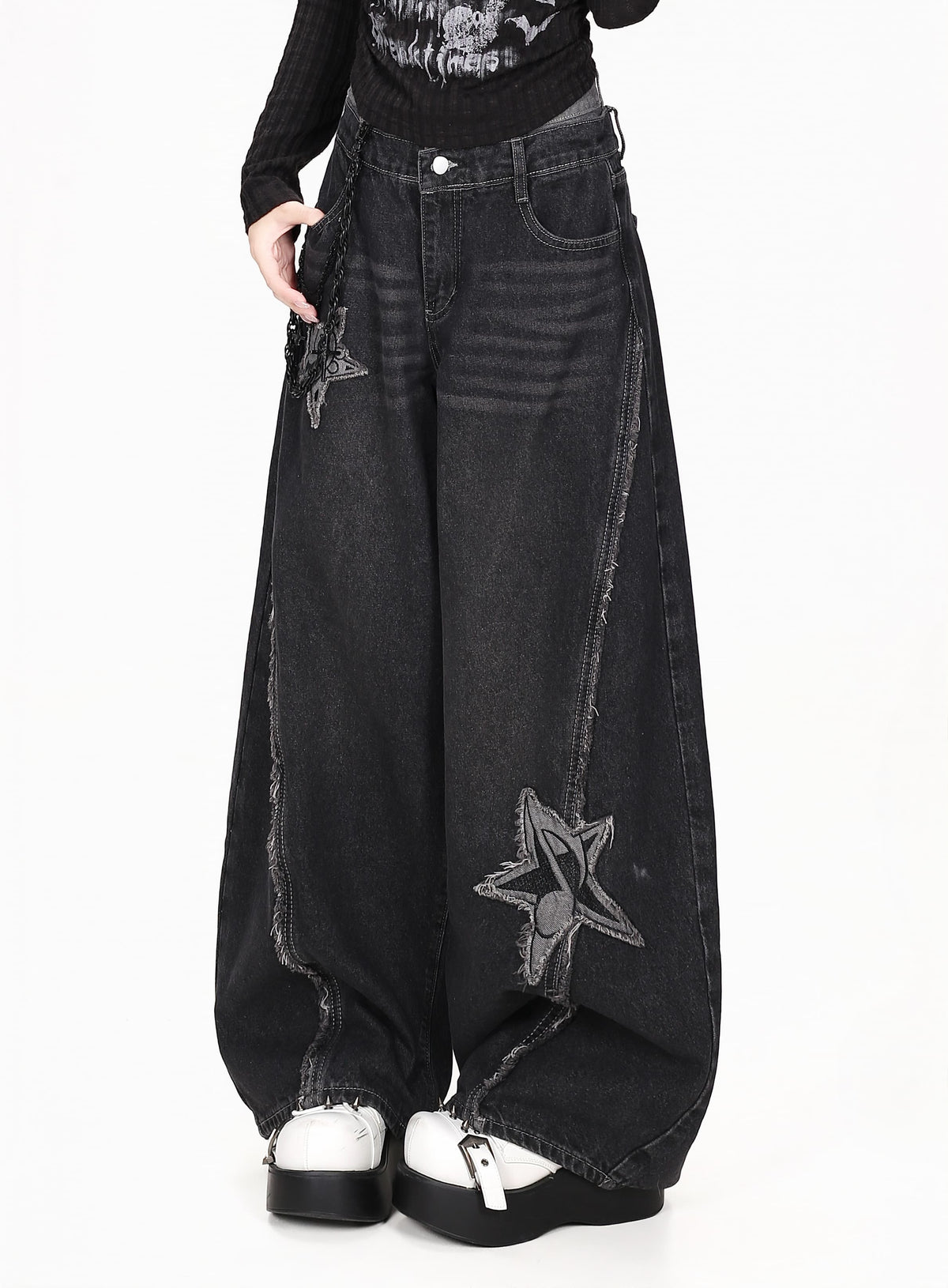 星柄ワッペンウォッシュワイドデニムパンツ