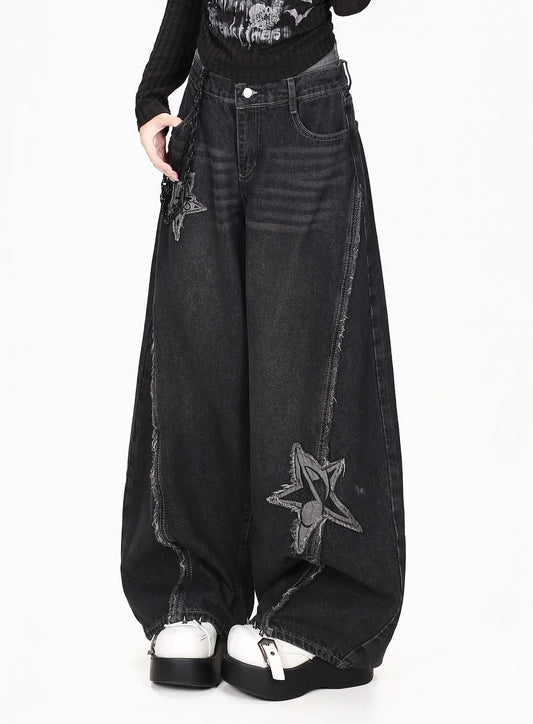 星柄ワッペンウォッシュワイドデニムパンツ