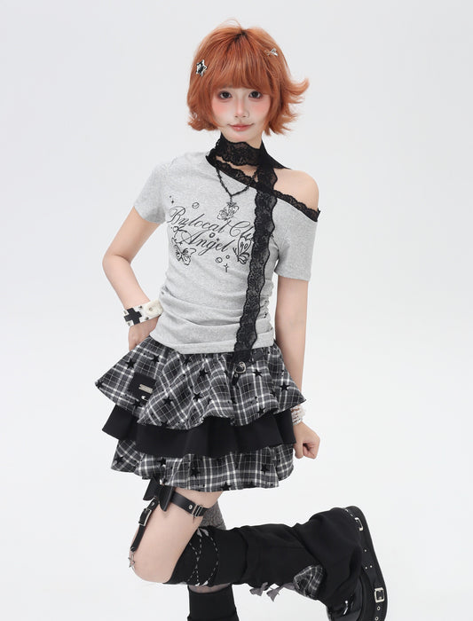 ガーリーオフショル レーストリムコンパクトT｜華奢見えシルエット