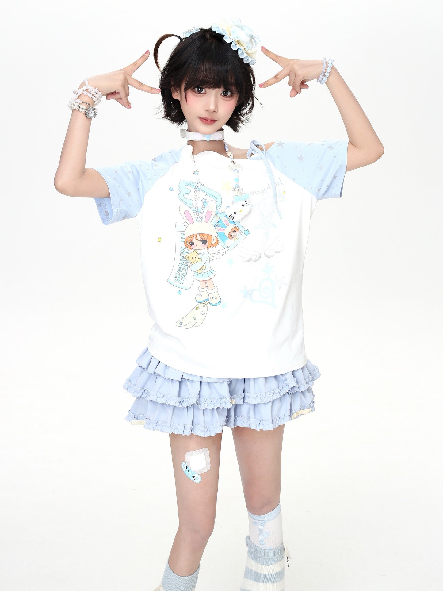 アシメ配色レースアップTシャツ