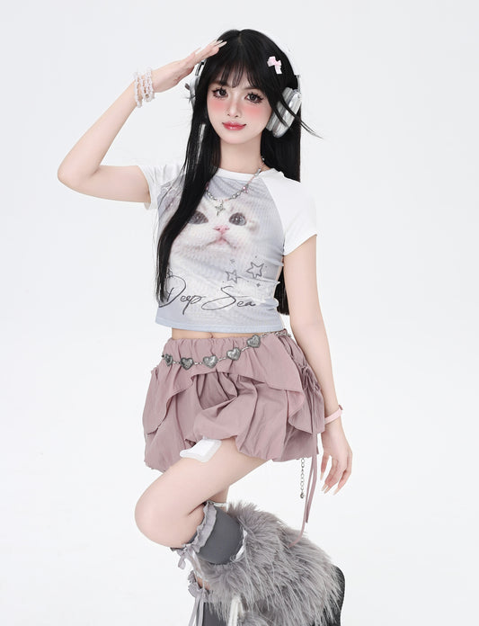 小猫デザインY2KフィットTシャツ