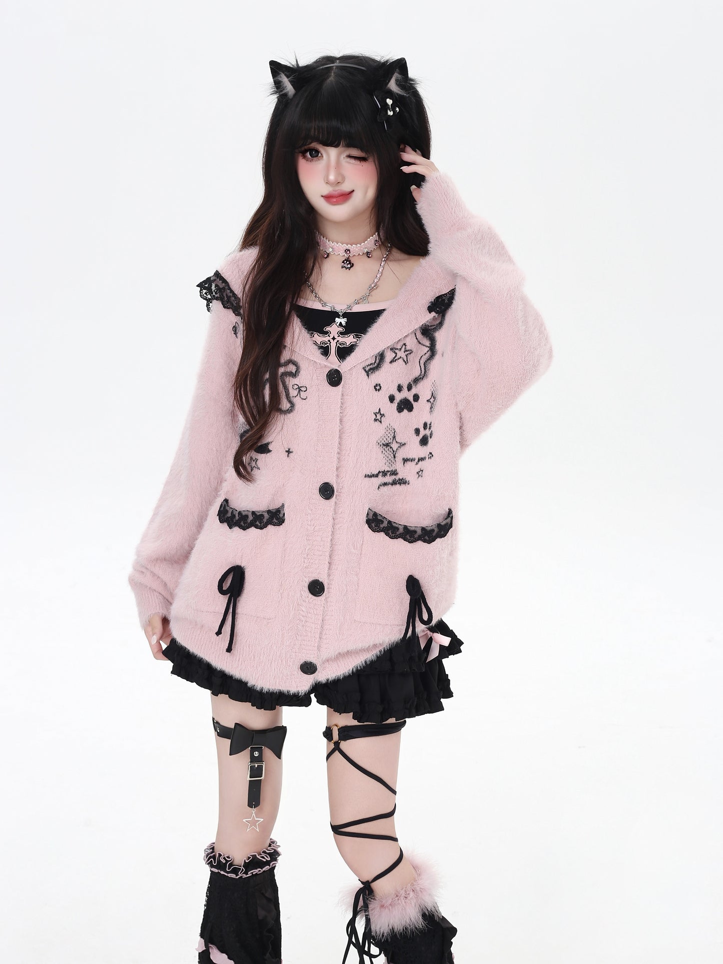 うさ耳レースフード付きニットカーデ