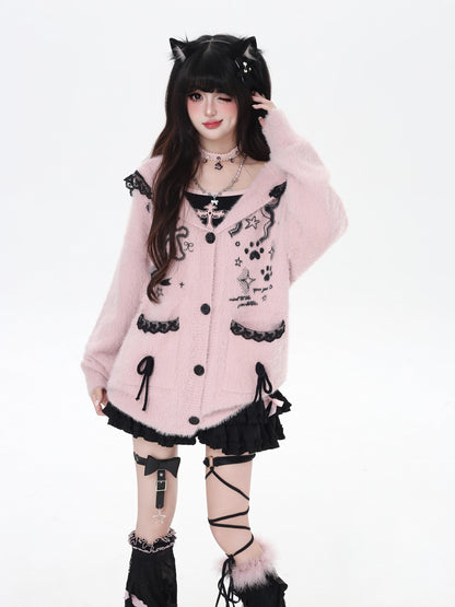 うさ耳レースフード付きニットカーデ