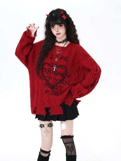 ヴィンテージハート×ダメージVネックゆるカジュアルニット