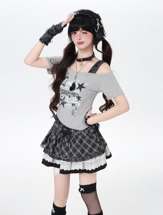 星柄フェイクレイヤード肩出しTシャツ