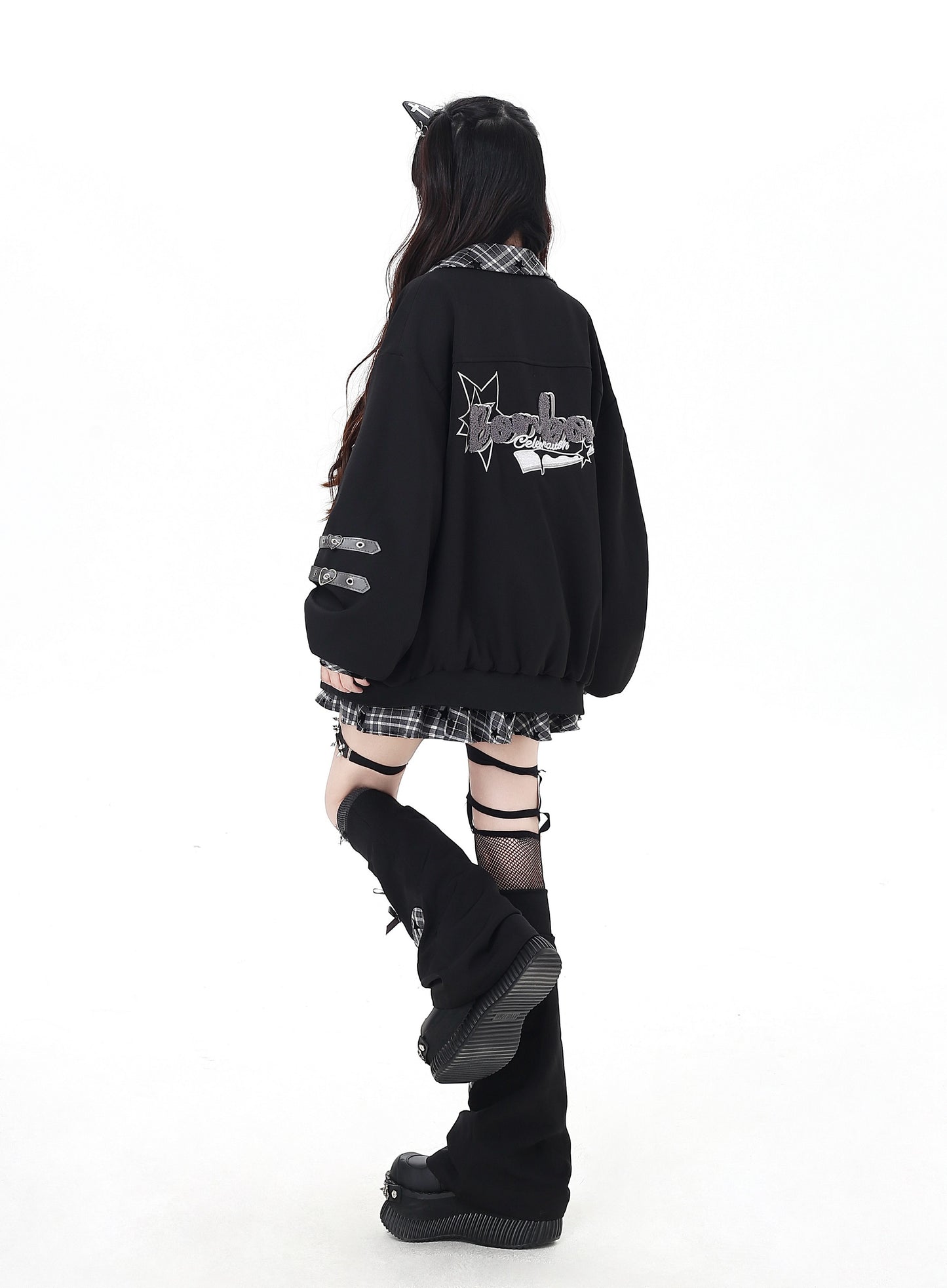 刺繍チェックパッチワークベースボールジャケット