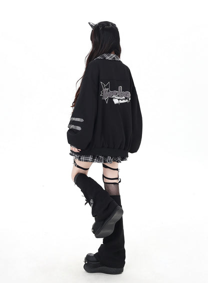 刺繍チェックパッチワークベースボールジャケット