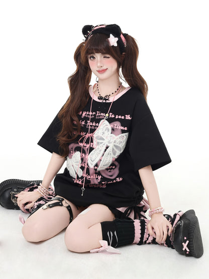 ドローストリング×リボン刺繍 ゆるシルエットTシャツ
