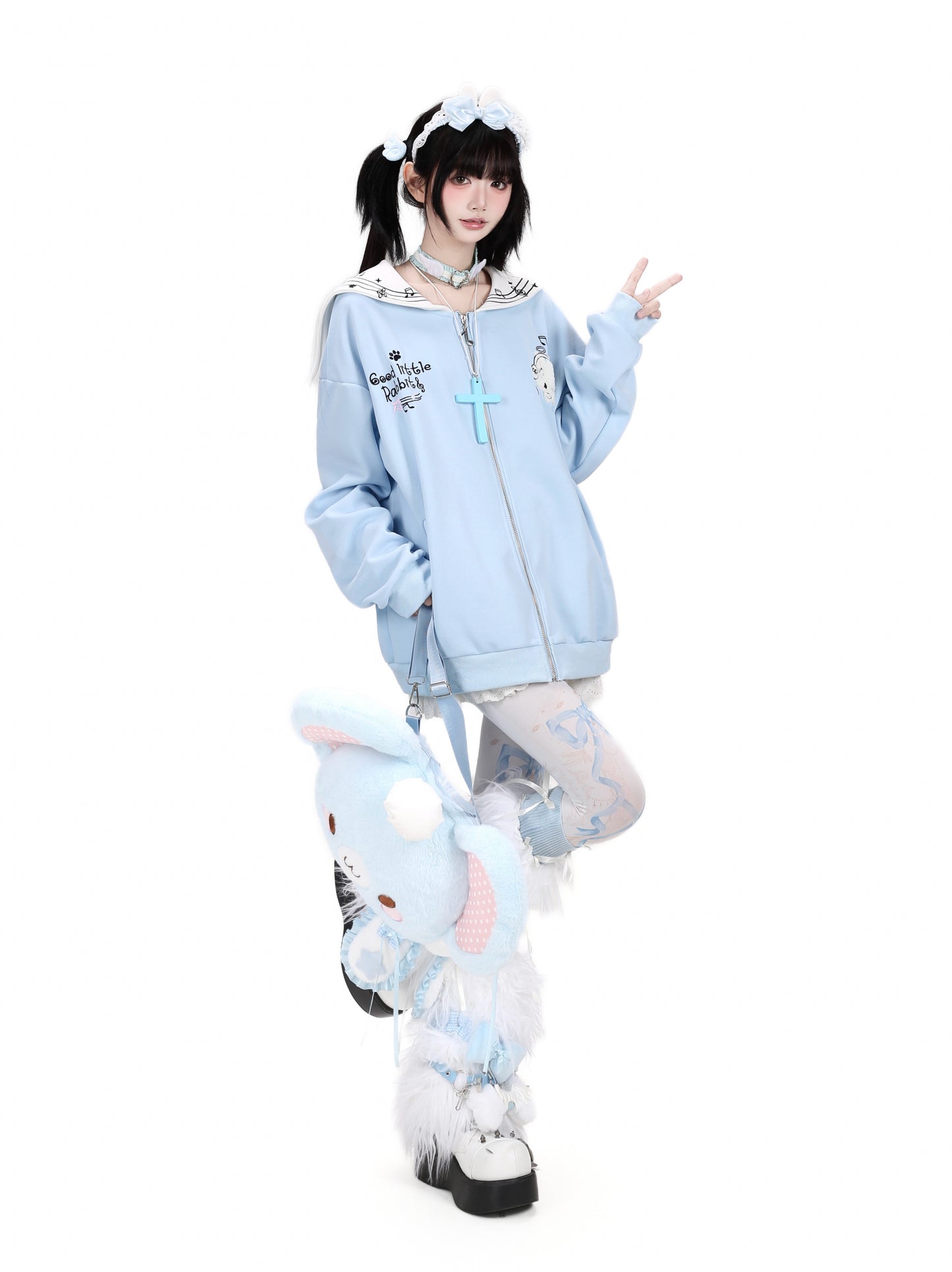 星うさぎ刺繍セーラーカラージップパーカー