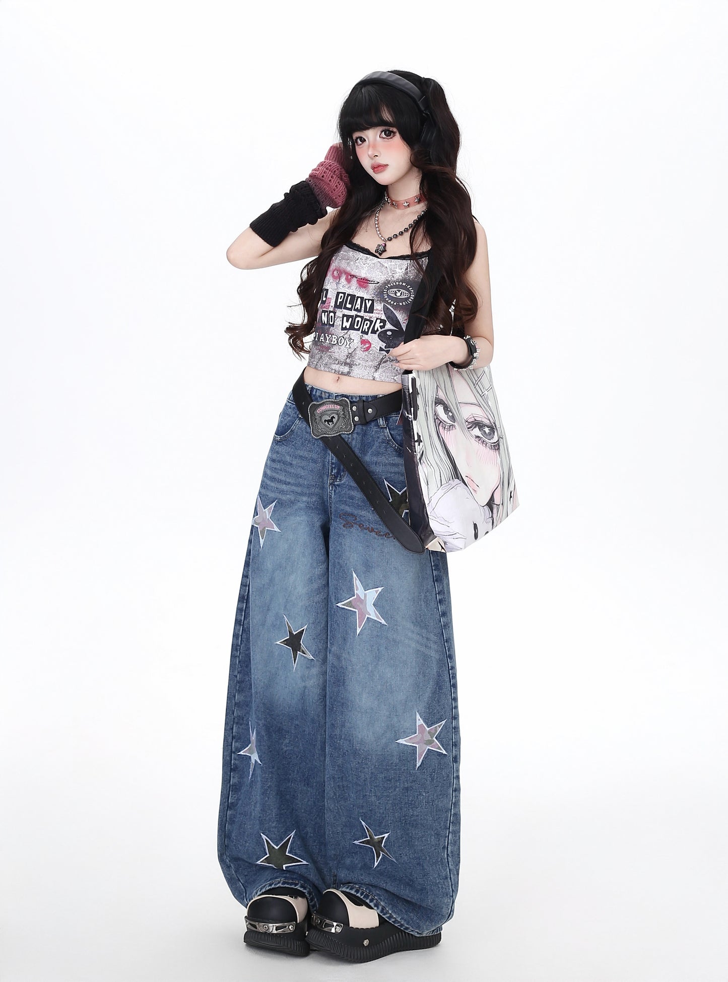 スターパッチ刺繍ストレートデニム