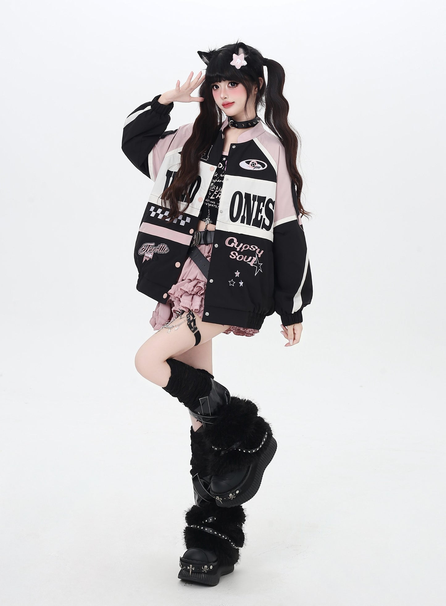 ストリート復古パッチワーク×ライダーズスタジャン（取り外し可能）