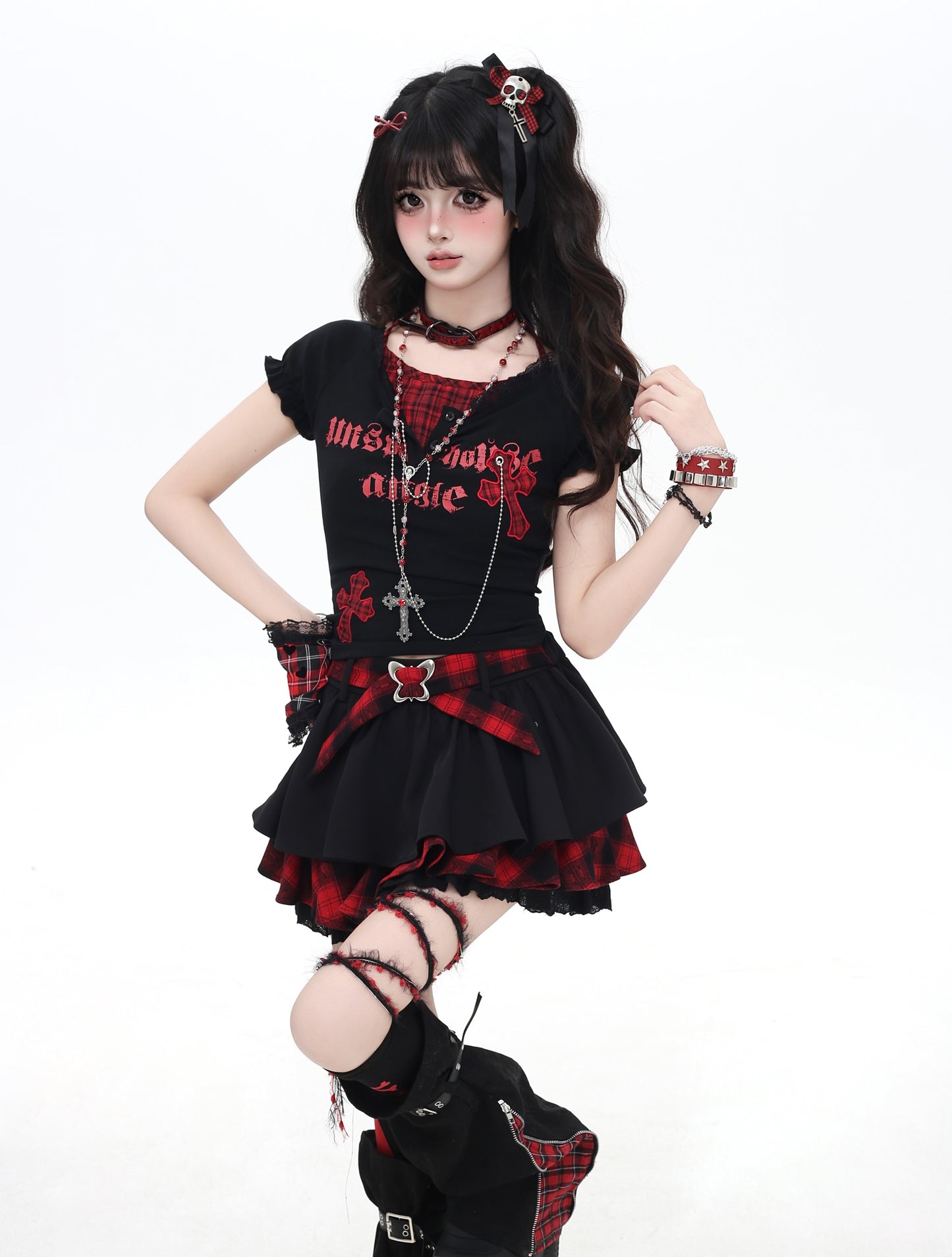 フェイクレイヤード×ホルターネック💘ギャルチェックトップス