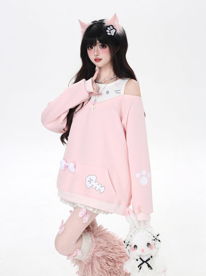 レイヤード風ねこ肩あきスウェット＋ボーン付き