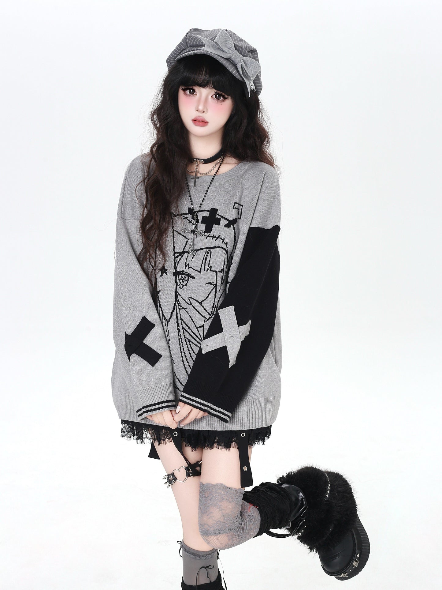 ゴシック サブカル 肩見せイラストプリントニット