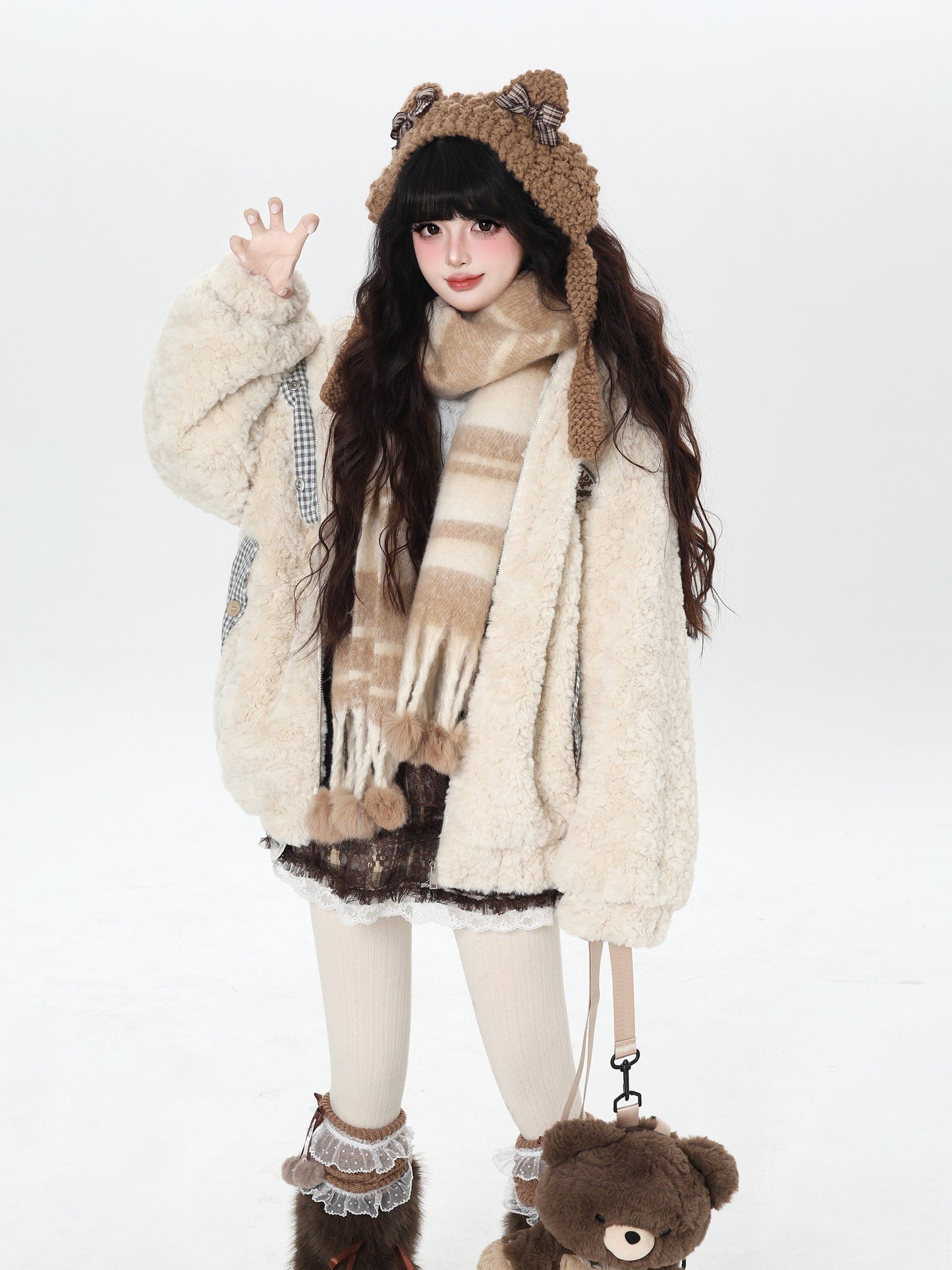 うさ耳＆刺繍入り チェック切替ボアジャケット