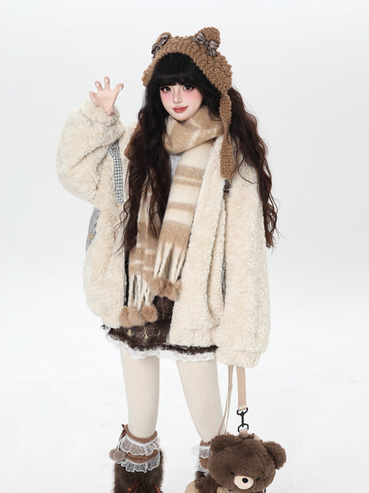 うさ耳＆刺繍入り チェック切替ボアジャケット