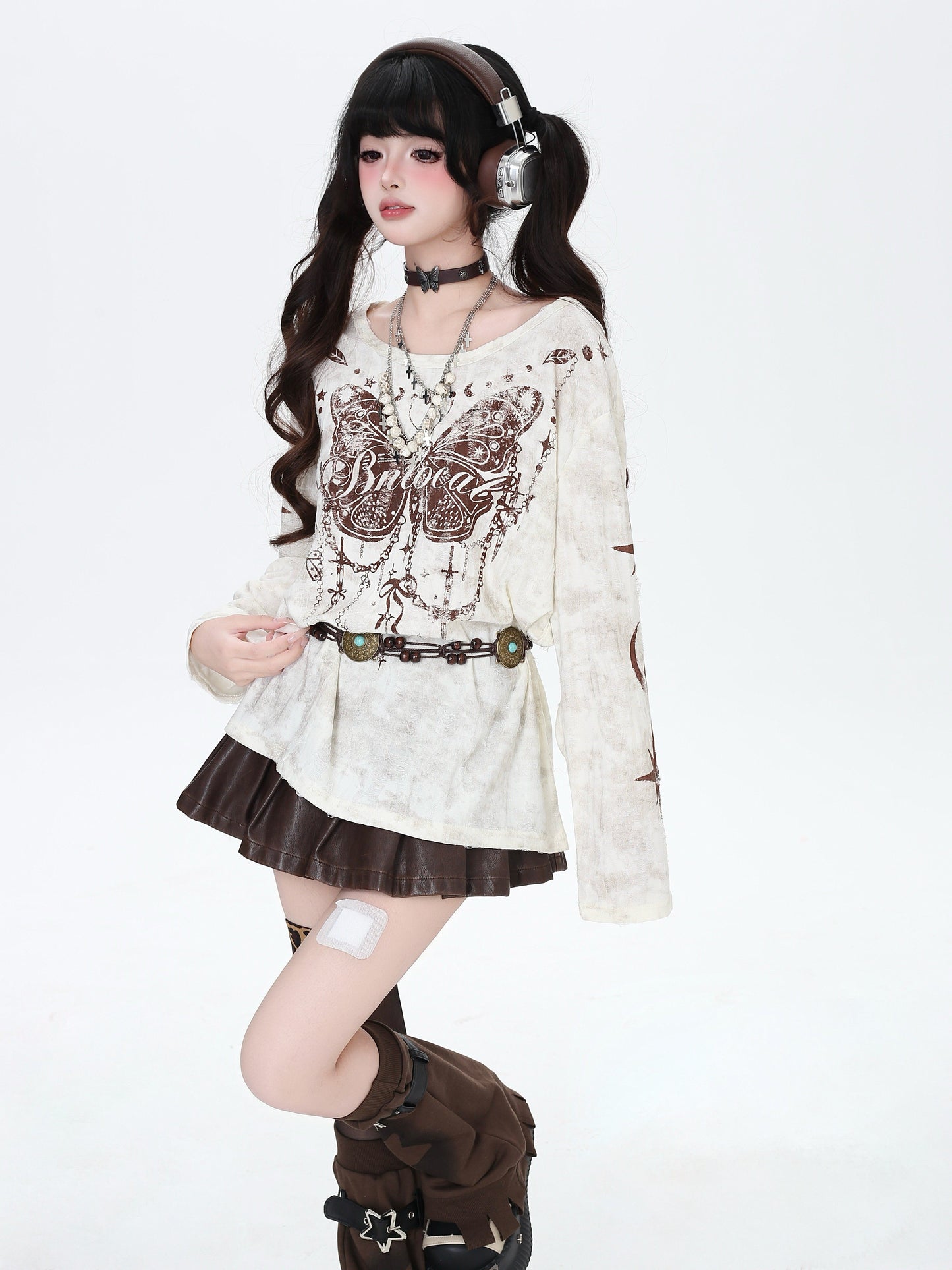 クラッシュ加工 バタフライ柄ロングスリーブT