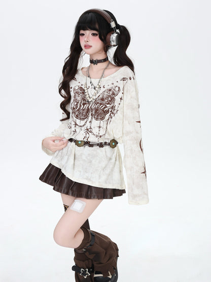 クラッシュ加工 バタフライ柄ロングスリーブT