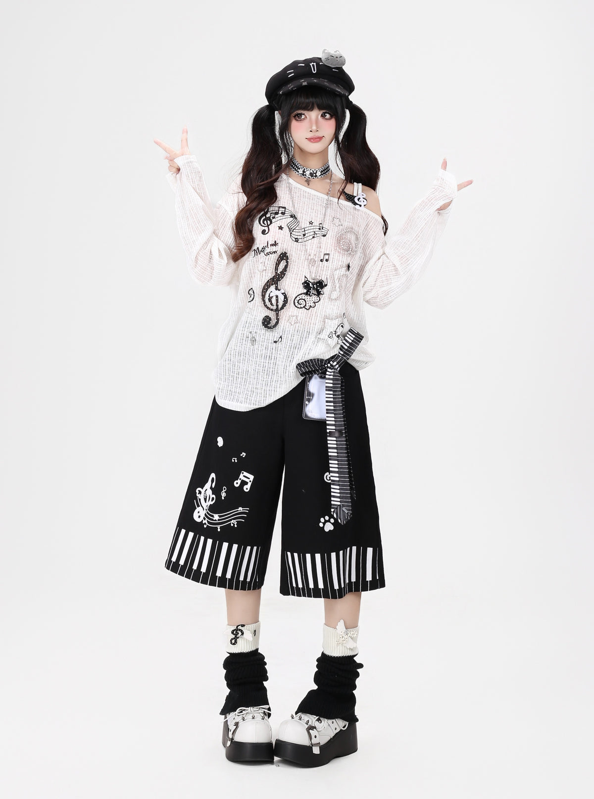 音符スターオフショルロンT