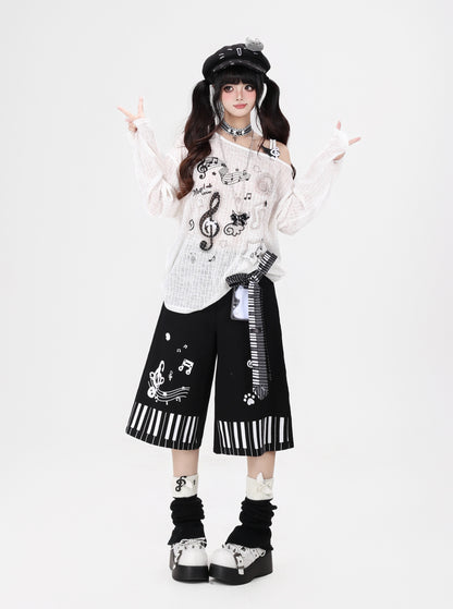 音符スターオフショルロンT