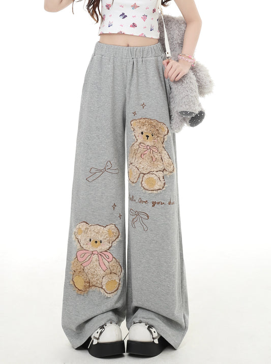ベアプリント入りリラックスルーズパンツ