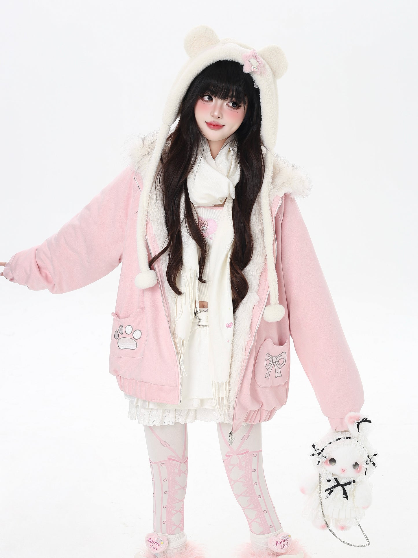 ねこ耳フード付きボアコットンジャケットコーデ