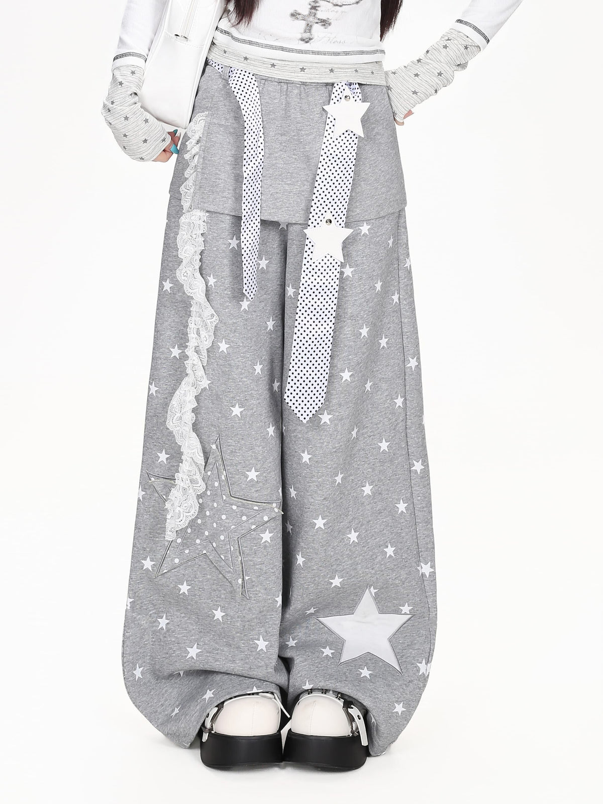 星柄フェイクレイヤードワイドパンツ