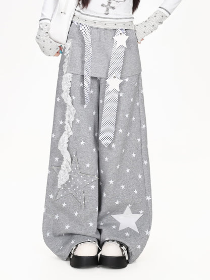 星柄フェイクレイヤードワイドパンツ
