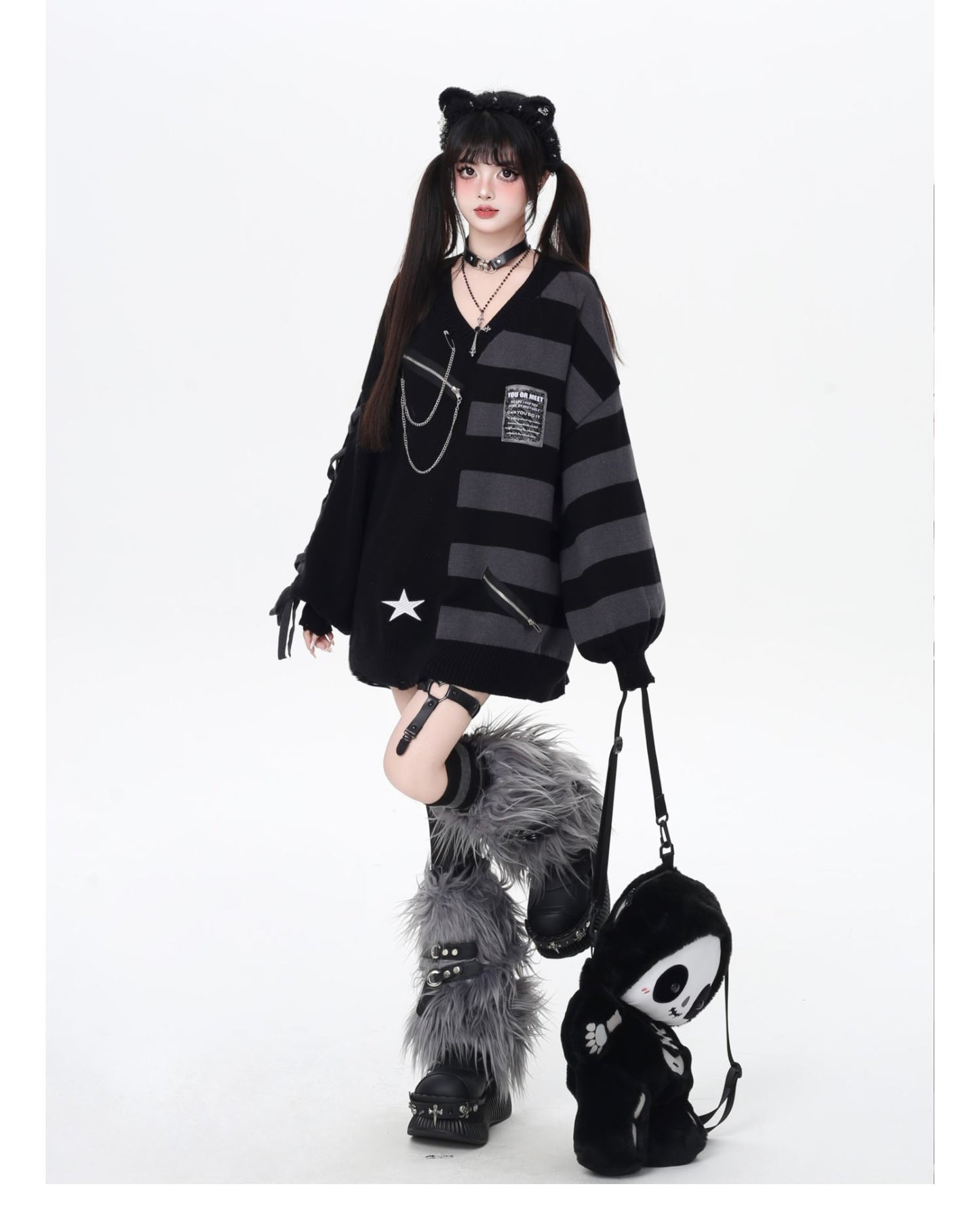 バイカラーストライプVネックニット