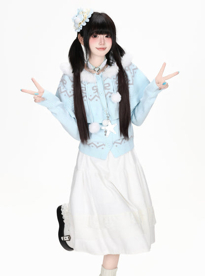 フェアアイル柄ファーフード付きケープ風ニット