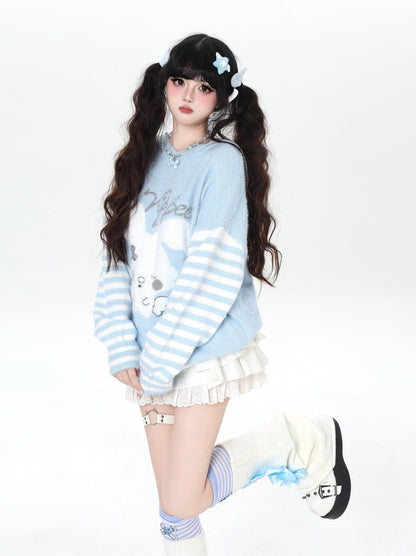 うさ耳フード入り ボーダーゆるニット